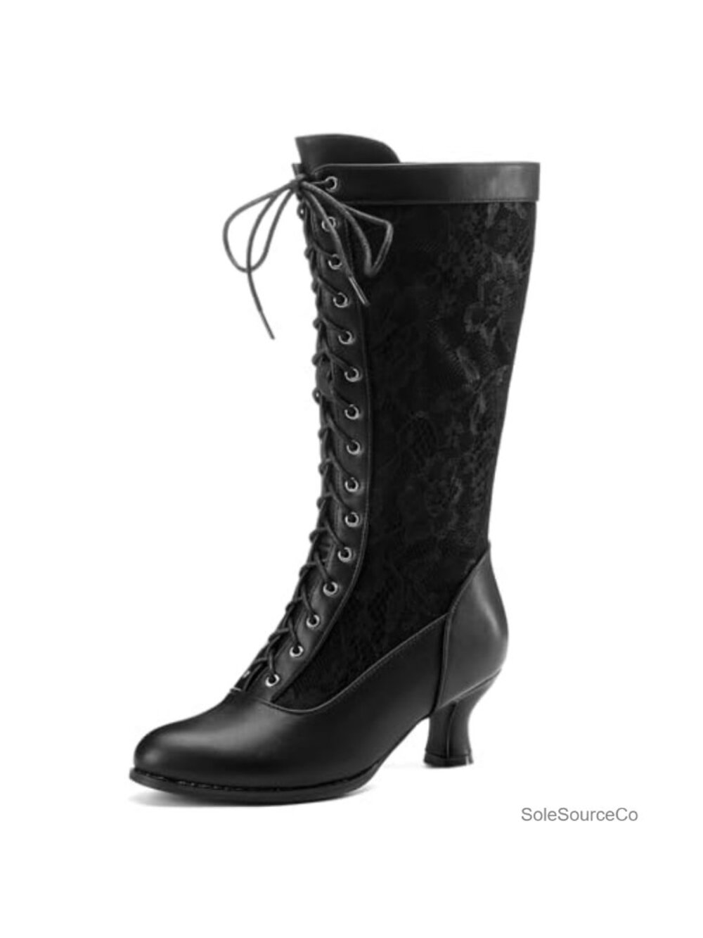 Women Faux Leather Knee High Victorian Lace Up Boots Louis Heel